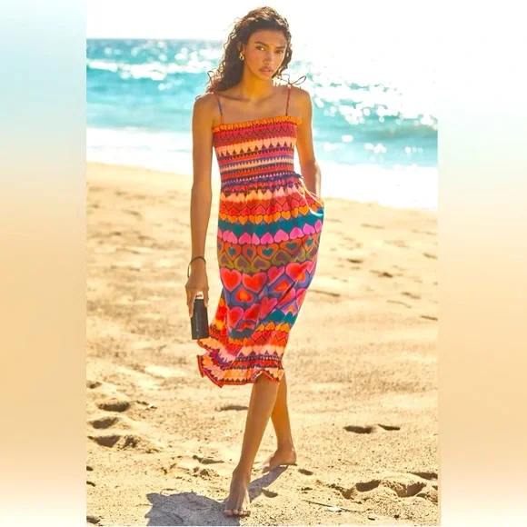 NWOT ~ Farm Rio & Anthropology Smocked, Tassled Straps, Beach Dress Cover Up. - Picture 2 of 5